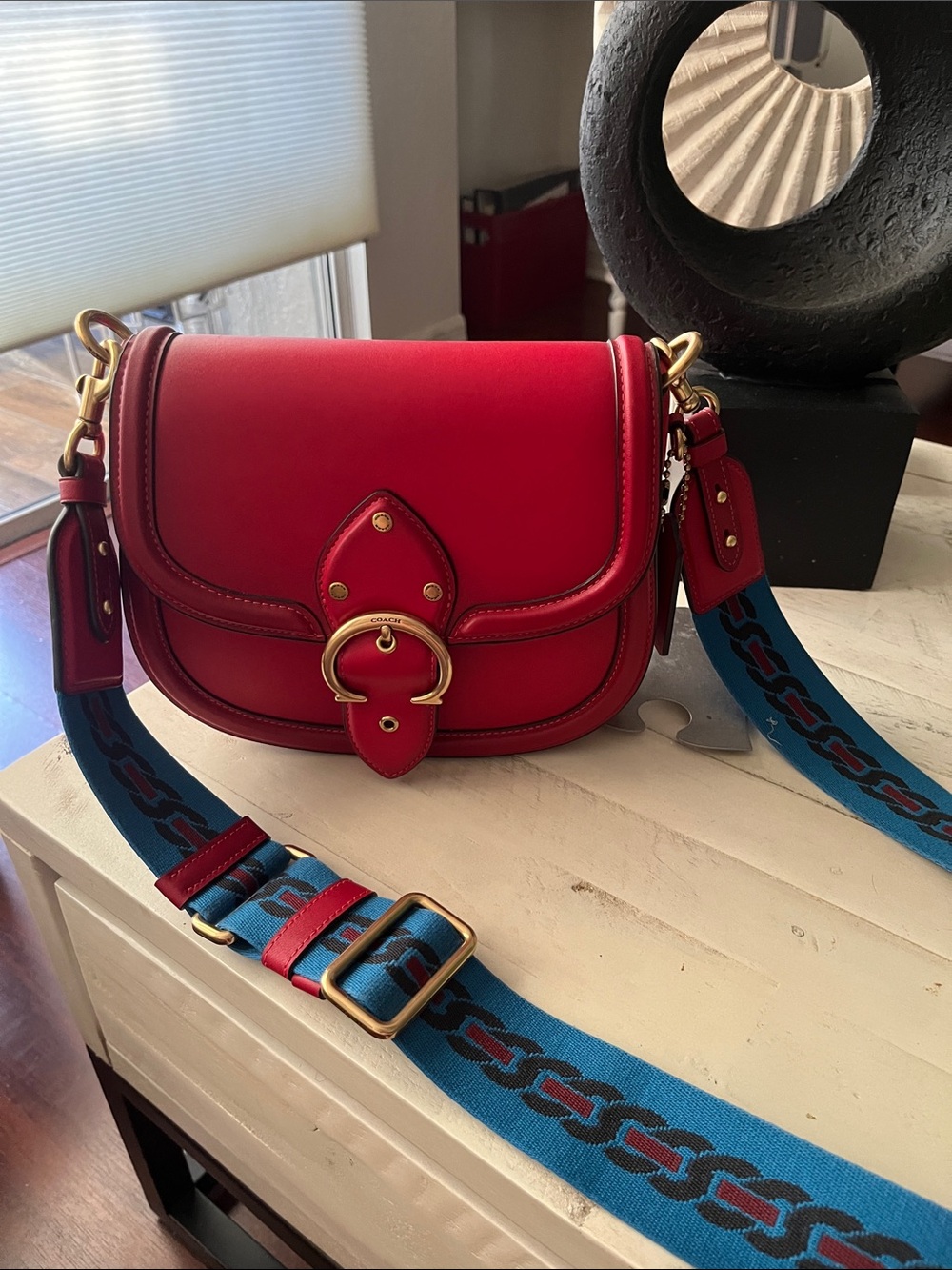 Red Leather Saddle Bag with Blue Strap - COACH